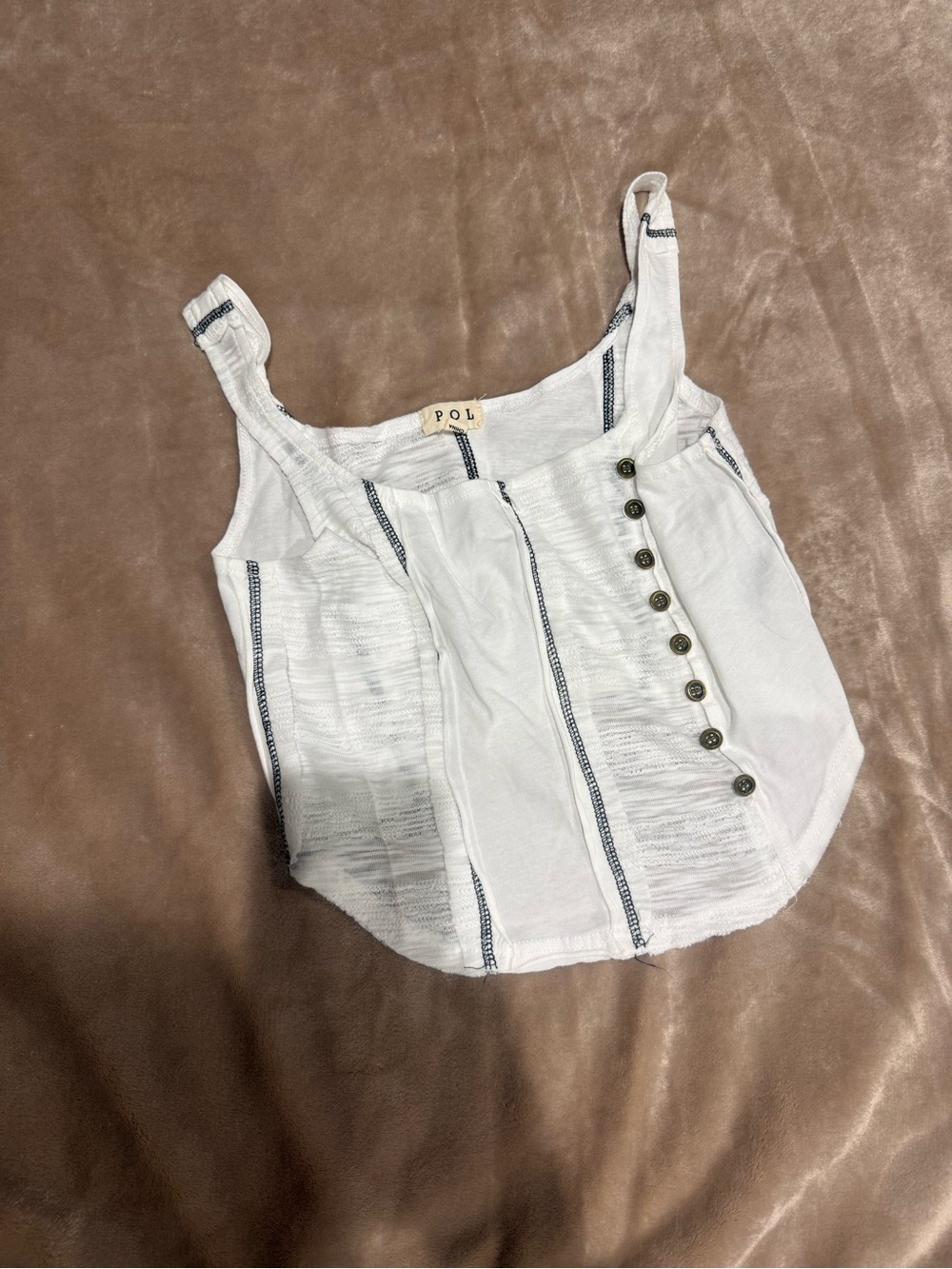 POL White Camisole with Navy Stripe Accents and Side Buttons